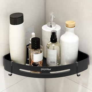 Plantex Self Adhesive Bathroom Corner Shelf/Bathroom Shelf Corner with Removable Hooks/Aluminum No Drill Bathroom Corner Organiser/Rack(9x9 inch Matt Black)
