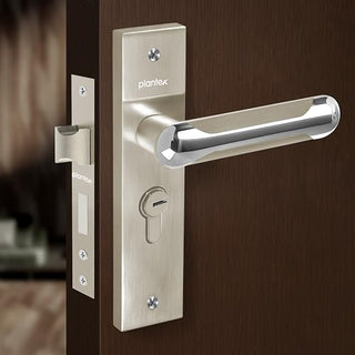 Plantex Heavy-Duty Door Lock Set - Main Door Lock Handle Set/Mortise Lock with 3 Keys, Brass Lock Body & Cylinder (8124 - Steel Satin & Chrome)