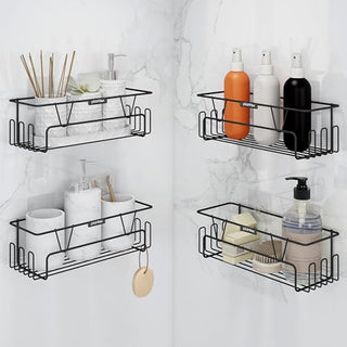 Plantex GI Steel Bathroom Accessories Self Adhesive/Bathroom Shelf for Wall Without Drilling with Side Hooks & Magic Sticker - Black, Powder Coated (Pack of 4)