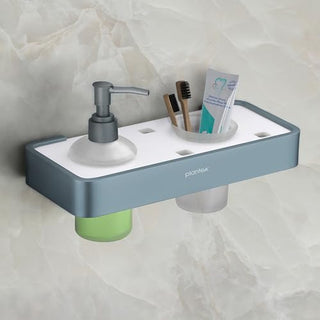 Plantex Aluminium and Acrylic 2 in 1 Shampoo Dispenser with Toothpaste Holder/Liquid Soap Dispenser with Tumbler Holder/Bathroom Accessories - (Grey and Milky White)