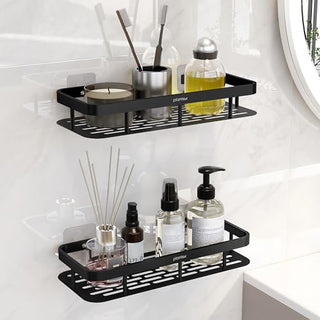 Plantex No Drill Bathroom Organiser/Self Adhesive Stainless Steel Shelf for Bathroom with Aluminium Railing- Pack of 2 (12x5 inches, Black)