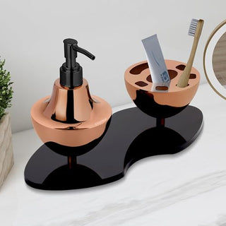 Plantex Liquid Soap Dispenser with Tumbler Holder for Bathroom/Stainless Steel and Acrylic 2 in 1 Shampoo Dispenser with Toothpaste Holder/Bathroom Accessories - Pack of 1 (Rose Gold & Black)