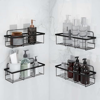 Plantex No Drill Bathroom Organiser/GI Steel Self Adhesive Shelf/Kitchen Shelf with Magic Sticker/Bathroom Accessories Set - Black, Powder Coated (Pack of 4)