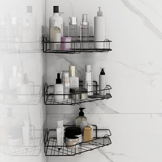 Plantex Self Adhesive Corner Shelf for Bathroom/Adhesive Shelf for Kitchen - with Magic Sticker/Bathroom Organizer Without Drill - Pack of 3 (Diamond, Black)