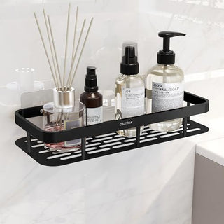 Plantex Self Adhesive Bathroom Shelf/Bathroom Organiser Without Drill/Stainless Steel Bathroom Shelf Rack with Aluminium Railing/Kitchen Stand-Pack of 1(12x5 inch, Black)