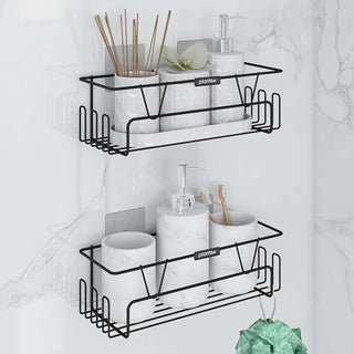 Plantex Bathroom Organiser Without Drill/Shelf for Wall Adhesive Black/GI Steel Shelf for Bathroom with Side Hooks/Washroom Accessories Set - Powder Coated (Pack of 2)