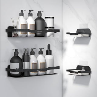 Plantex Bathroom Organiser Without Drill/Stainless Steel Bathroom Combo/Self Adhesive Soap Holder - Pack of 4 (Black,12 x 4 Inch)