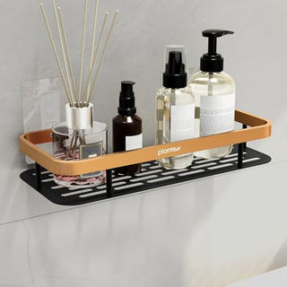 Plantex Drill Free Aluminium Bathroom Shelf/Self Adhesive Shelf for Kitchen with Golden Railing & Magic Stickers/Floating Storage Organiser (12x5 inches, Gold & Black) - Pack of 1