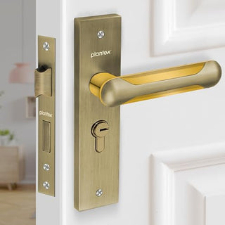 Plantex Heavy-Duty Door Lock Set - Main Door Lock Handle Set/Mortise Lock with 3 Keys, Brass Lock Body & Cylinder (8124 - Brass Antique & PVD Gold)