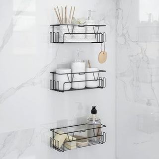 Plantex Bathroom Organiser Without Drill/Self Adhesive Bathroom Shelf for Wall/GI Steel Rack with Side Hooks & Magic Sticker/Bathroom Accessories Set (Black, Powder Coated) - Pack of 3