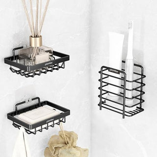 Plantex GI Steel Bathroom Accessories/Soap Dish for Bathroom/Tumbler Holder/Soap Stand/Case for Wall - Black, Combo