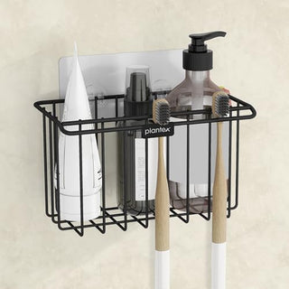 Plantex Self-Adhesive Toothbrush Holder/Bathroom Organiser Without Drill/Storage Rack/Shelf for Bathroom Wall- (Black, Alloy Steel, Hanging Shelves)