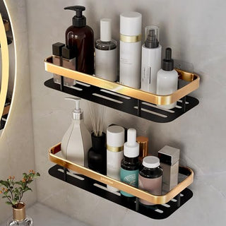 Plantex No Drill Bathroom Organiser/Self Adhesive Shelf for Bathroom/Aluminium Kitchen Organiser Rack Shelf with Magic Stickers (12x5 inches, Gold & Black) - Pack of 2