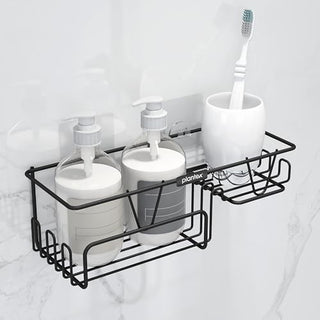 Plantex Bathroom Shelf for Wall Adhesive/GI Steel Bathroom Soap Stand with Side Hooks & Magic Sticker/Bathroom Organiser Without Drill (Black, Powder Coated)