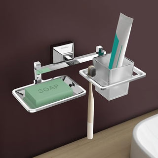 Plantex 304 Grade Stainless Steel 2in1 Soap Holder with Tumbler Holder/Bathroom Accessories - Pack of 1, Squaro (Chrome)