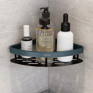 Plantex Self Adhesive Corner Shelf for Bathroom Wall/Aluminium & Stainless Steel Corner Rack/Storage Organizer/Bathroom Accessories Set- Pack of 1 (8 x 8 inch,Cadet Blue & Black)