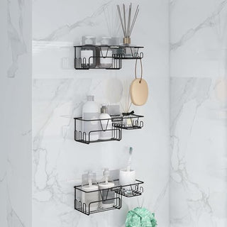 Plantex GI Steel Self Adhesive Soap Holder/Wall Mounted Shelf for Bathroom with Side Hooks to Hang Loofah for Bathing/Bathroom Accessories - Black, Powder Coated (Pack of 3)