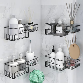 Plantex GI Steel Bathroom Accessories Self Adhesive/Self Adhesive Kitchen Shelf with Side Hooks to Hang Loofah, Soap Holder & Magic Stickers - Black, Powder Coated (Pack of 4)