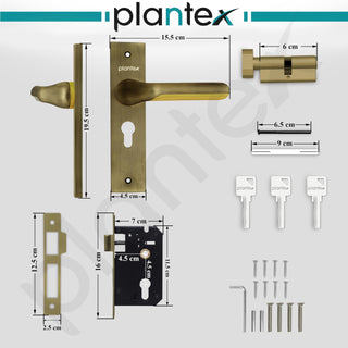 Plantex Heavy-Duty Door Lock Set - Main Door Lock Handle Set/Mortise Lock with 3 Keys, Brass Lock Body & Cylinder (8121 - Brass Antique & PVD Gold)