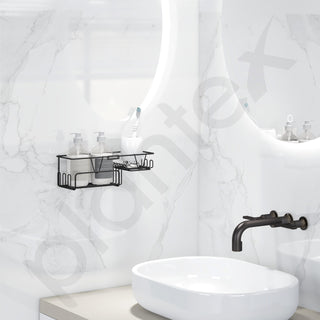 Plantex Bathroom Shelf for Wall Adhesive/GI Steel Bathroom Soap Stand with Side Hooks & Magic Sticker/Bathroom Organiser Without Drill (Black, Powder Coated)