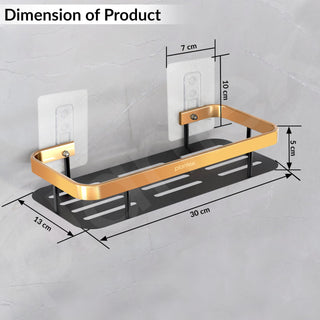 Plantex No Drill Bathroom Organiser/Self Adhesive Shelf for Bathroom/Aluminium Kitchen Organiser Rack Shelf with Magic Stickers (12x5 inches, Gold & Black) - Pack of 2