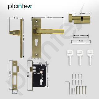 Plantex Heavy-Duty Door Lock Set - Main Door Lock Handle Set/Mortise Lock with 3 Keys, Brass Lock Body & Cylinder (8126 - Brass Antique & PVD Gold)