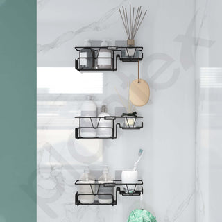 Plantex GI Steel Self Adhesive Soap Holder/Wall Mounted Shelf for Bathroom with Side Hooks to Hang Loofah for Bathing/Bathroom Accessories - Black, Powder Coated (Pack of 3)