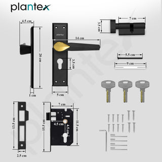 Plantex Door Handle Lock/Main Door Lock Set/6-Lever Lock Mechanism Mortise Lock with 3 Keys/Brass Lock Body & Cylinder (PTP-07, Black & Gold)