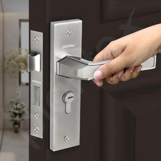 Plantex Heavy-Duty Door Lock Set - Main Door Lock Handle Set/Mortise Lock with 3 Keys, Brass Lock Body & Cylinder (8126 - Steel Satin & Chrome)