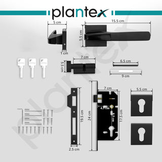 Plantex Triple Security Door Lock Set with 3 Years of Warranty/Mortise Lock for Door with Brass Lock Body & Cylinder (7114 - DC-Black & Z-Black)