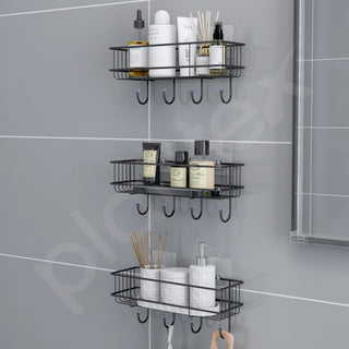 Plantex Drill Free Bathroom Shelf for Wall/Self Adhesive Shelf for Kitchen with Hooks & Magic Sticker/Bathroom Accessories Set - GI Steel (Pack of 3)