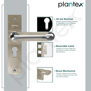 Plantex Heavy-Duty Door Lock Set - Main Door Lock Handle Set/Mortise Lock with 3 Keys, Brass Lock Body & Cylinder (8124 - Steel Satin & Chrome)