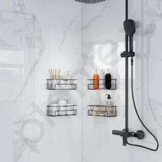 Plantex GI Steel Bathroom Accessories Self Adhesive/Bathroom Shelf for Wall Without Drilling with Side Hooks & Magic Sticker - Black, Powder Coated (Pack of 4)