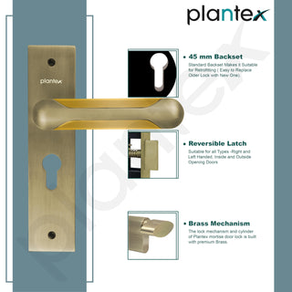 Plantex Heavy-Duty Door Lock Set - Main Door Lock Handle Set/Mortise Lock with 3 Keys, Brass Lock Body & Cylinder (8124 - Brass Antique & PVD Gold)