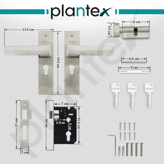 Plantex Heavy-Duty Door Lock Set - Main Door Lock Handle Set/Mortise Lock with 3 Keys, Brass Lock Body & Cylinder (8116 - Steel Satin & Chrome)