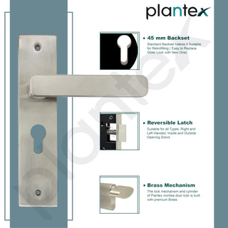 Plantex Heavy-Duty Door Lock Set - Main Door Lock Handle Set/Mortise Lock with 3 Keys, Brass Lock Body & Cylinder (8125 - Steel Satin & Chrome)