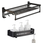 Plantex Aluminum Towel Rack/Towel Rod with Shelf for Bathroom Organizer/Towel Hanger with Hooks/Storage Shelf/Wall Mount - Bathroom Accessories (Black)