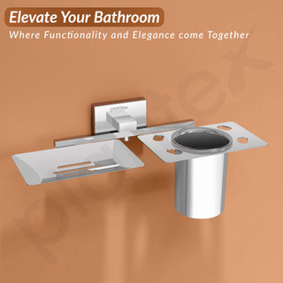 Plantex Stainless Steel 2in1 Soap Holder with Tumbler Holder/Soap Dish/Tooth Brush Holder/Bathroom Accessories - Nexa (Chrome)