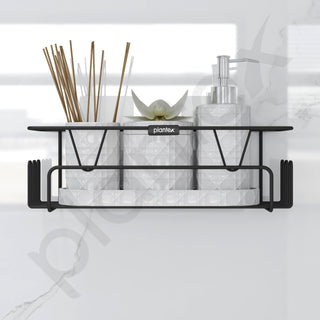 Plantex GI Steel Adhesive Shelf for Bathroom Wall/Self Adhesive Shelf for Kitchen with Side Hooks to Hang Loofah for Bathing/Bathroom Organiser - Black, Powder Coated