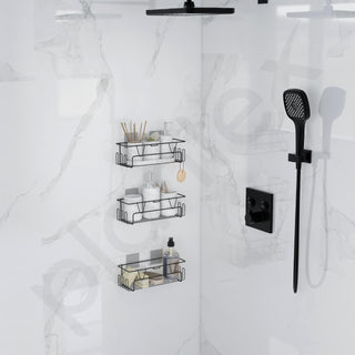 Plantex Bathroom Organiser Without Drill/Self Adhesive Bathroom Shelf for Wall/GI Steel Rack with Side Hooks & Magic Sticker/Bathroom Accessories Set (Black, Powder Coated) - Pack of 3