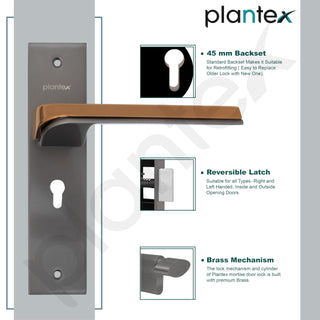 Plantex Heavy-Duty Door Lock Set - Main Door Lock Handle Set/Mortise Lock with 3 Keys, Brass Lockbody & Cylinder (8113 - Satin Black & PVD Choco)