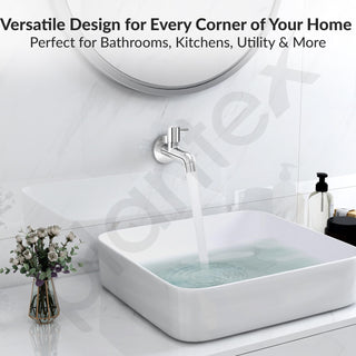 Plantex Pure Brass ICO-902 Bib Cock Water Tap with Water Saving Aerator/Water Tap for Bathroom with Brass Wall Flange and Teflon Tape- 7 Year Warranty (Long Body-Chrome)