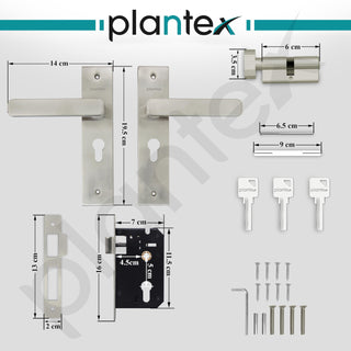 Plantex Heavy-Duty Door Lock Set - Main Door Lock Handle Set/Mortise Lock with 3 Keys, Brass Lock Body & Cylinder (8125 - Steel Satin & Chrome)