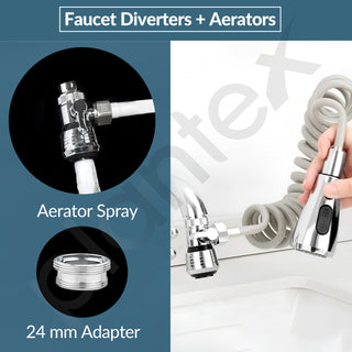 Plantex Flexible Tap Extender for Kitchen Sink/360° Rotation/Diverter Plus Aerator with Extendable Recoil Hose/Fits F22 and M24 mm taps (XL-2014/Chrome)