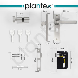 Plantex Heavy-Duty Door Lock Set - Main Door Lock Handle Set/Mortise Lock with 3 Keys, Brass Lock Body & Cylinder (8126 - Steel Satin & Chrome)