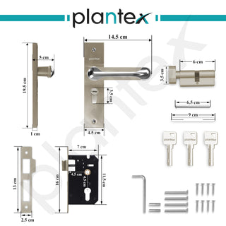 Plantex Heavy-Duty Door Lock Set - Main Door Lock Handle Set/Mortise Lock with 3 Keys, Brass Lock Body & Cylinder (8124 - Steel Satin & Chrome)