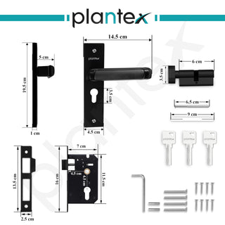 Plantex Heavy-Duty Door Lock Set - Main Door Lock Handle Set/Mortise Lock with 3 Keys, Brass Lock Body & Cylinder (8127 - Z Black & DC Black)