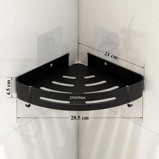 Plantex Self Adhesive Bathroom Corner Shelf/Bathroom Shelf Corner with Removable Hooks/Aluminum No Drill Bathroom Corner Organiser/Rack(9x9 inch Matt Black)