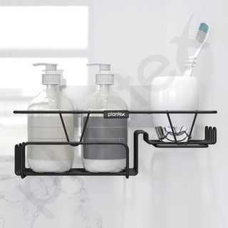 Plantex Bathroom Shelf for Wall Adhesive/GI Steel Bathroom Soap Stand with Side Hooks & Magic Sticker/Bathroom Organiser Without Drill (Black, Powder Coated)