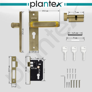 Plantex Heavy-Duty Door Lock Set - Main Door Lock Handle Set/Mortise Lock with 3 Keys, Brass Lock Body & Cylinder (8127 - Brass Antique & PVD Gold)
